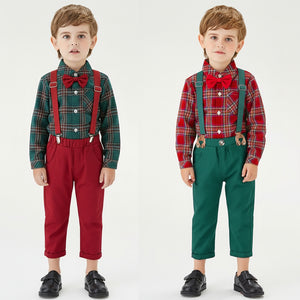 Toddler Boys’ Christmas Plaid Shirt and Suspender Pants Outfit Set (3M–8T)