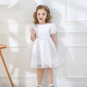 Girls Princess Puff Sleeve Tulle Dress - Pink or White