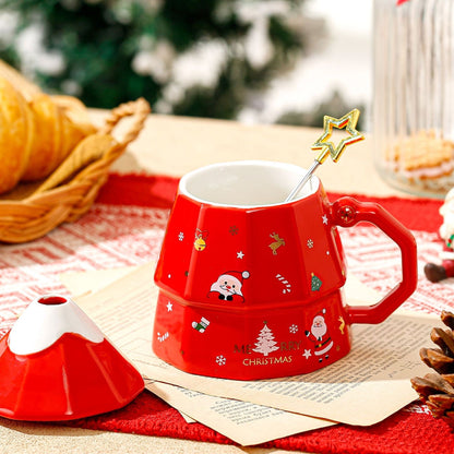 Festive Christmas Tree Ceramic Mug with Lid and Star Topper - Yarafly 