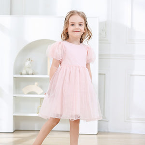 Girls Princess Puff Sleeve Tulle Dress - Pink or White