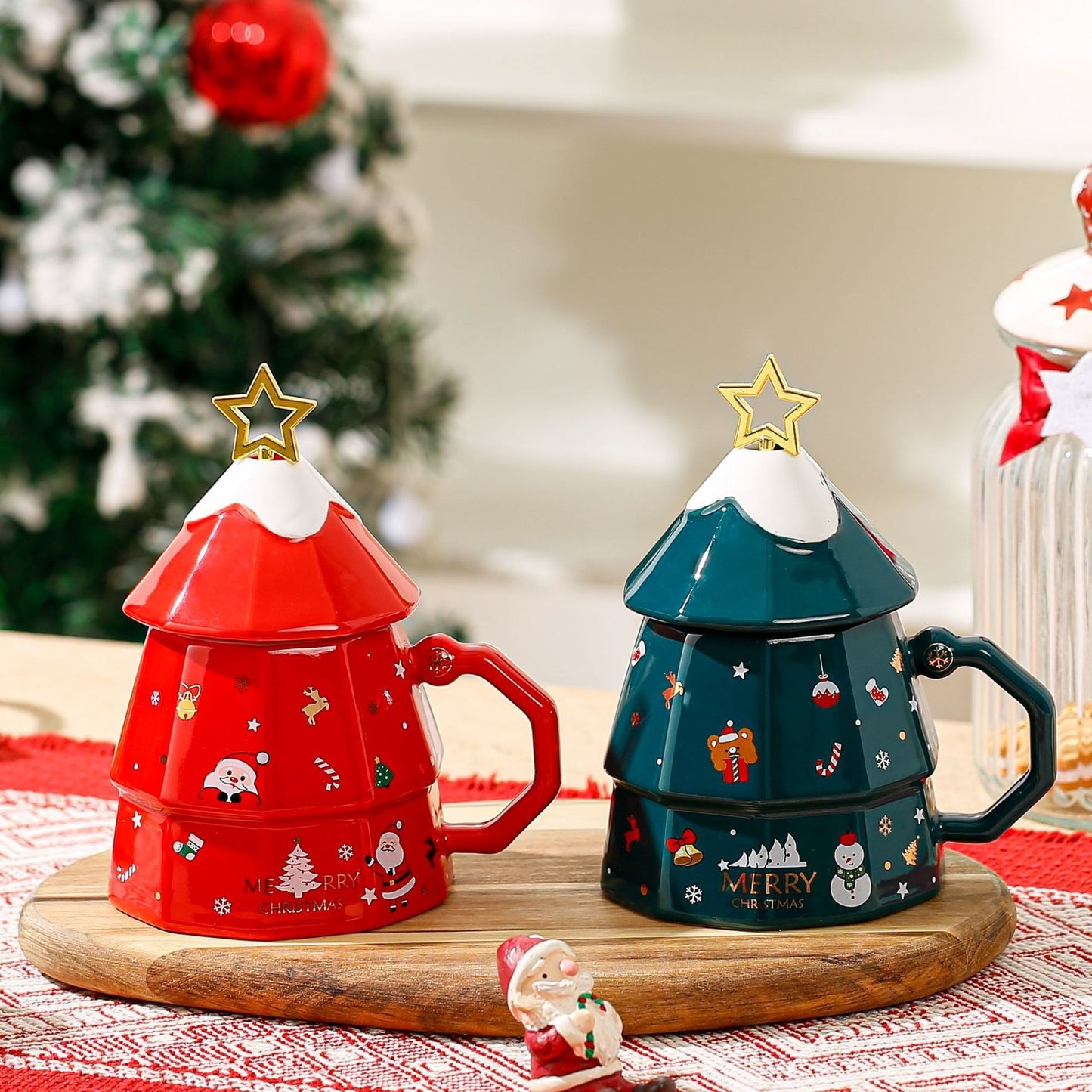 Festive Christmas Tree Ceramic Mug with Lid and Star Topper - Yarafly 