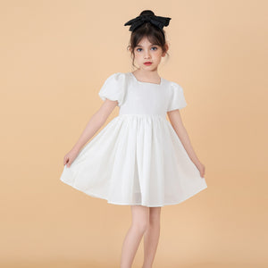 Toddler & Kids Elegant Girls White Dress with Puff Sleeves