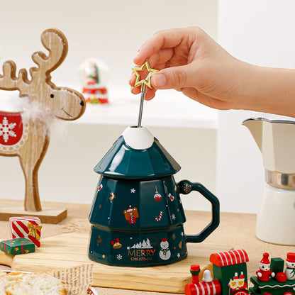 Festive Christmas Tree Ceramic Mug with Lid and Star Topper - Yarafly 