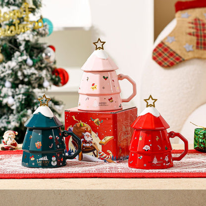 Festive Christmas Tree Ceramic Mug with Lid and Star Topper - Yarafly 