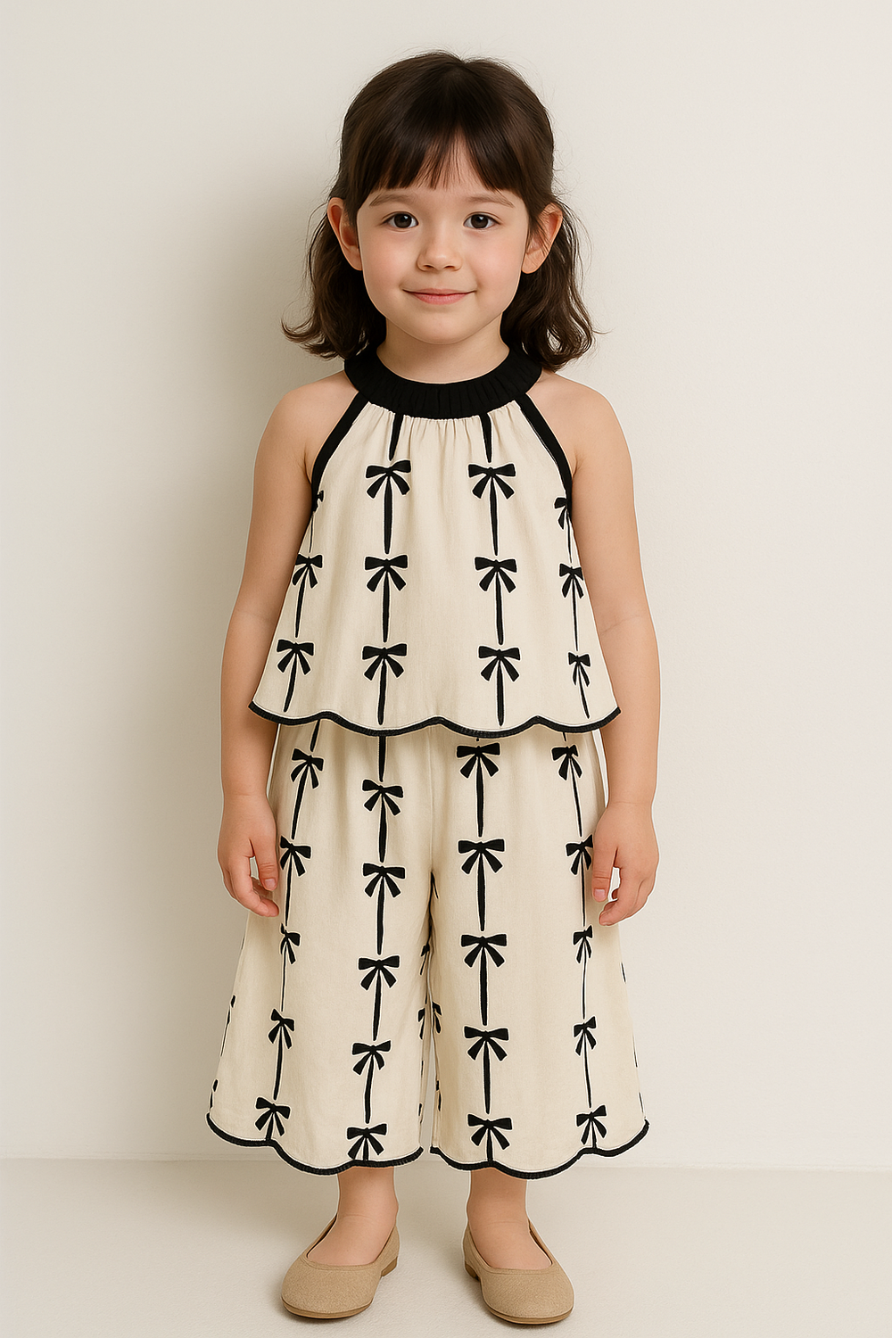 Toddler and Kids Girl Sleeveless Bow Print Outfit Set