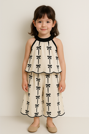 Toddler and Kids Girl Sleeveless Bow Print Outfit Set