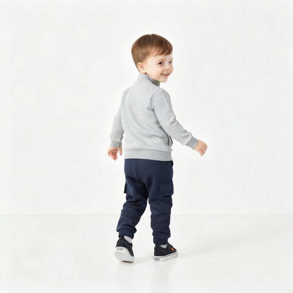Child wearing a gray sweater and navy pants on a white background