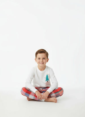 Toddler and Kids Boys Christmas Outfit Set - White Top Red Plaid Pants