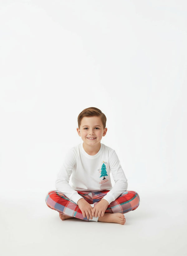 Toddler and Kids Boys Christmas Outfit Set - White Top Red Plaid Pants