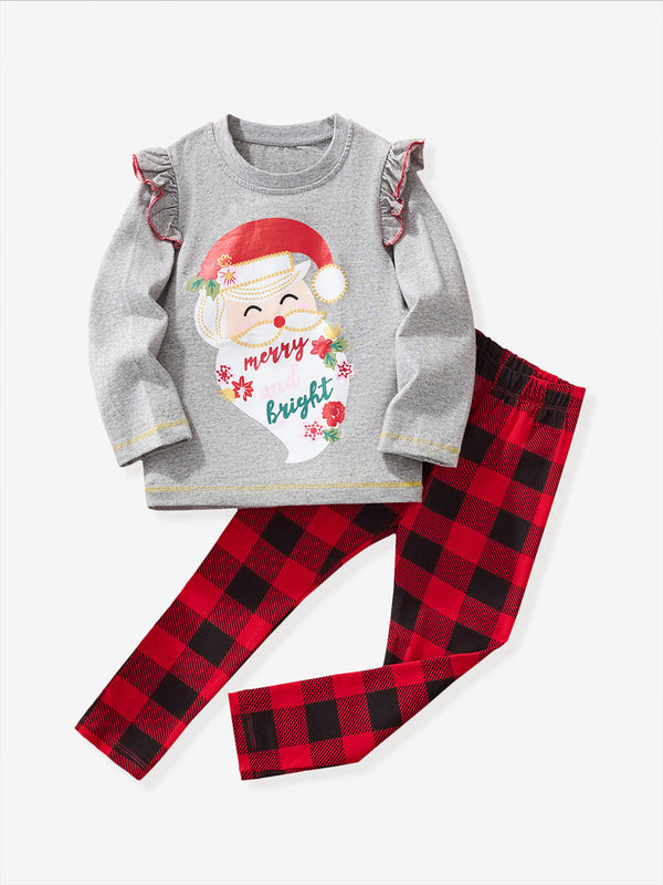 Toddler & Kids "Merry and Bright" Santa Top and Red Plaid Leggings Set (3T–8T)
