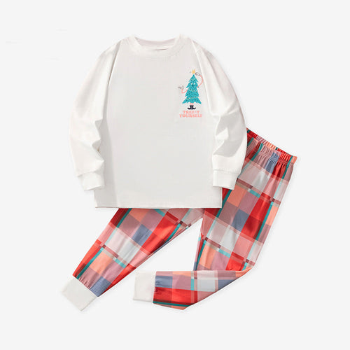 Children's outfit with white long-sleeve shirt and plaid pants on a white background, featuring the brand 'Little Bizi'.