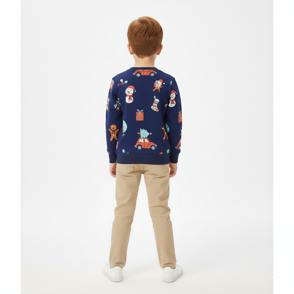 Navy Christmas Sweatshirt for Toddler and Kids Boys - Long Sleeve Cartoon Print