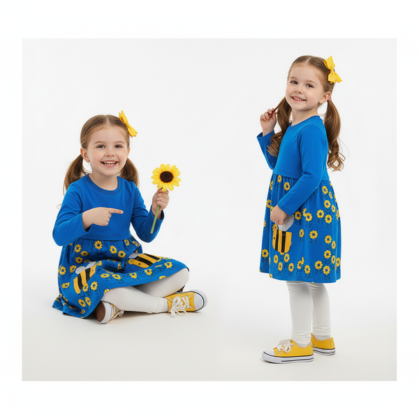 Girls Autumn Knitted Cotton Bee Pocket Flower Print Princess Dress - Sizes 2T to 7T