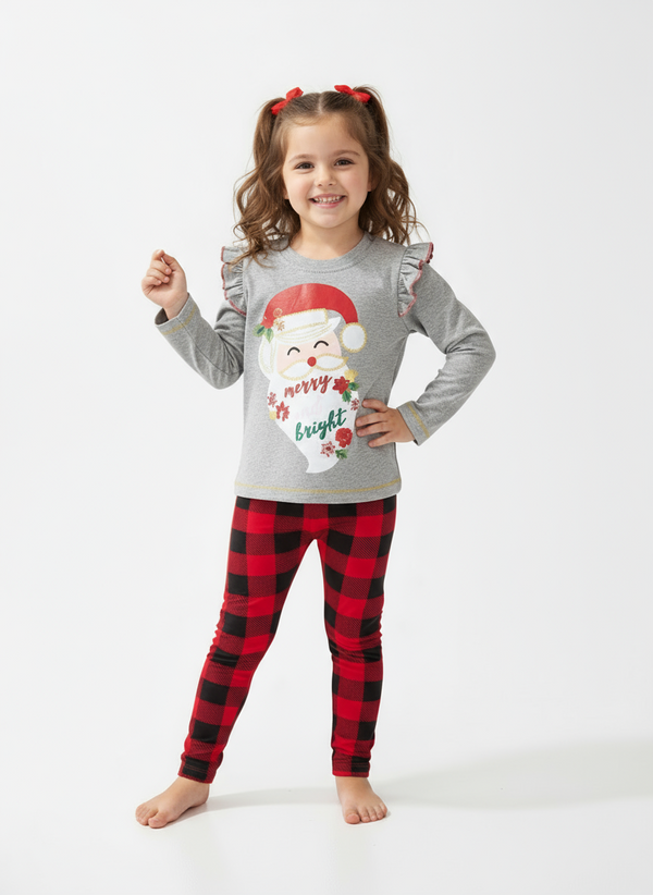 Toddler & Kids "Merry and Bright" Santa Top and Red Plaid Leggings Set (3T–8T)