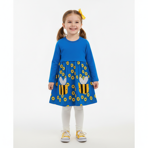 Girls Autumn Knitted Cotton Bee Pocket Flower Print Princess Dress - Sizes 2T to 7T