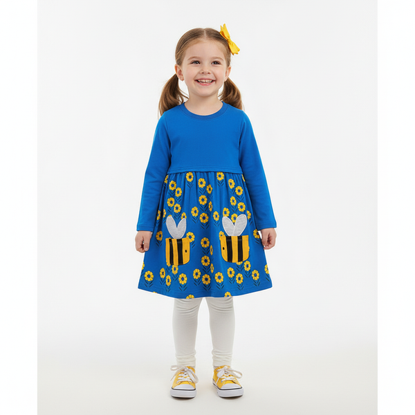Girls Autumn Knitted Cotton Bee Pocket Flower Print Princess Dress - Sizes 2T to 7T