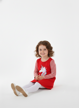 Toddler & Kids Red Christmas Unicorn Dress (Ages 2T–7T)