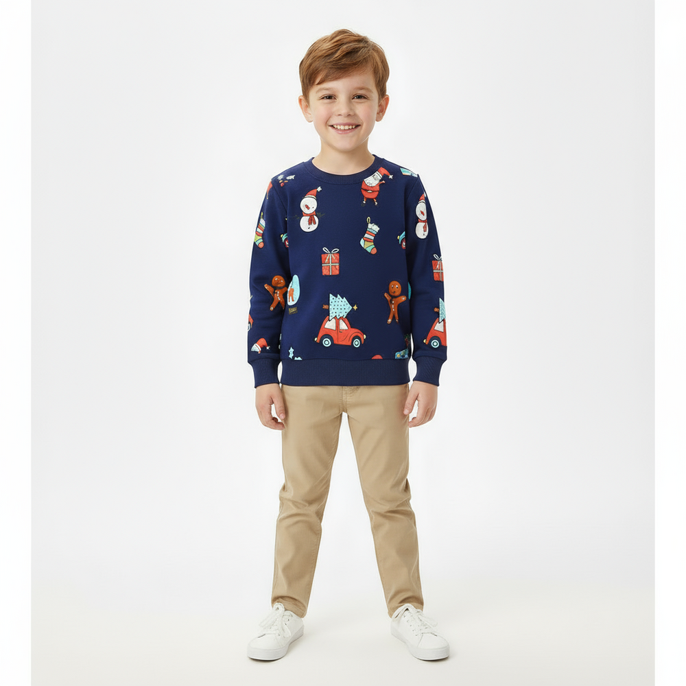 Navy Christmas Sweatshirt for Toddler and Kids Boys - Long Sleeve Cartoon Print