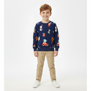 Navy Christmas Sweatshirt for Toddler and Kids Boys - Long Sleeve Cartoon Print