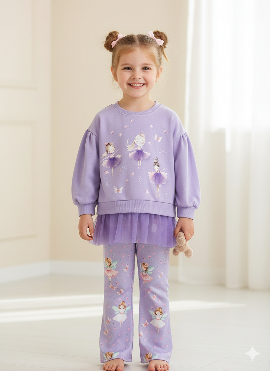Girls Autumn Long Sleeve Purple Cartoon Sweet Pajama Set - Sizes 2T to 7T
