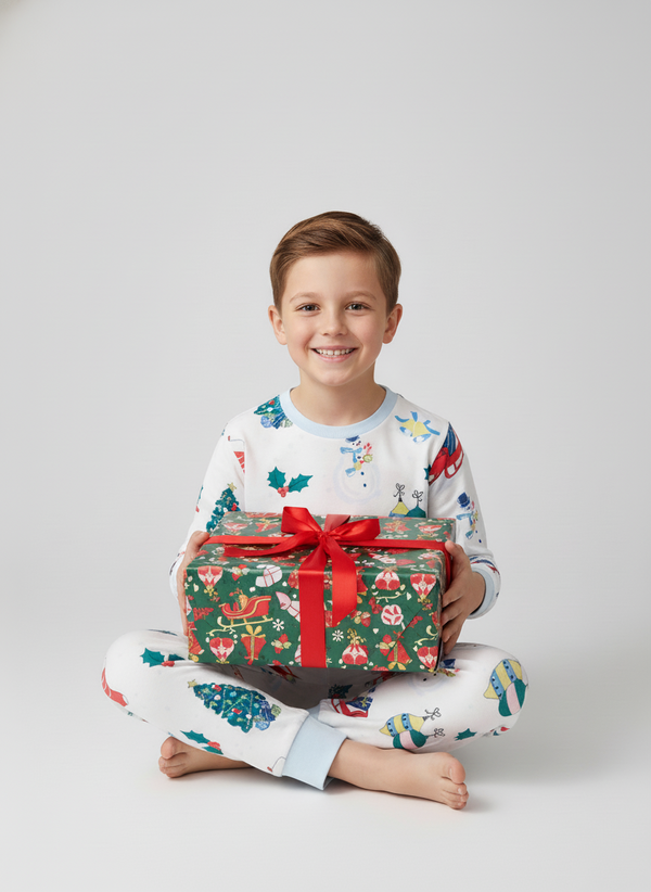 Toddler and Kid Boys White Christmas Pajama Set - Long Sleeve White Loungewear
