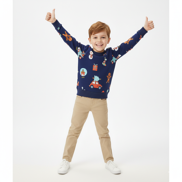 Navy Christmas Sweatshirt for Toddler and Kids Boys - Long Sleeve Cartoon Print