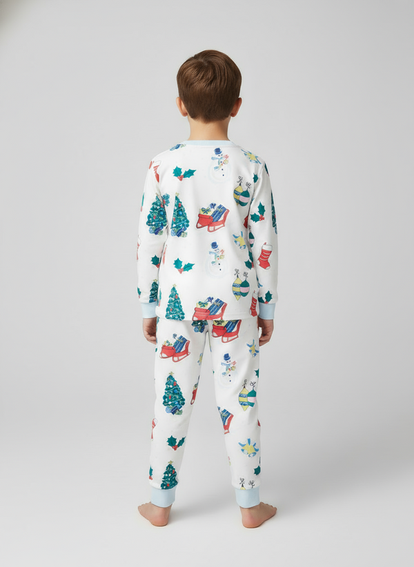 Toddler and Kid Boys White Christmas Pajama Set - Long Sleeve White Loungewear