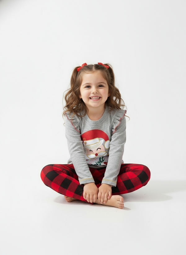 Toddler & Kids "Merry and Bright" Santa Top and Red Plaid Leggings Set (3T–8T)