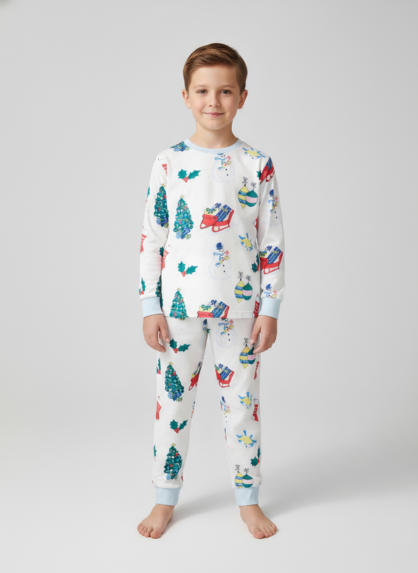 Toddler and Kid Boys White Christmas Pajama Set - Long Sleeve White Loungewear