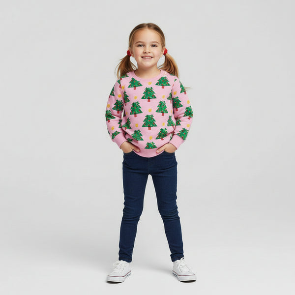 Toddler and Kids Christmas Tree Sweatshirt - Long Sleeve Cartoon Print for Girls