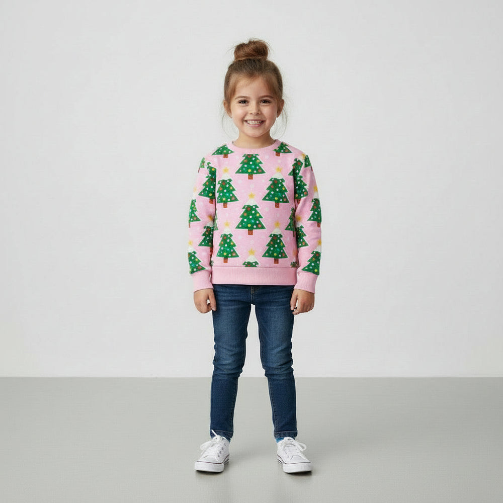 Toddler and Kids Christmas Tree Sweatshirt - Long Sleeve Cartoon Print for Girls
