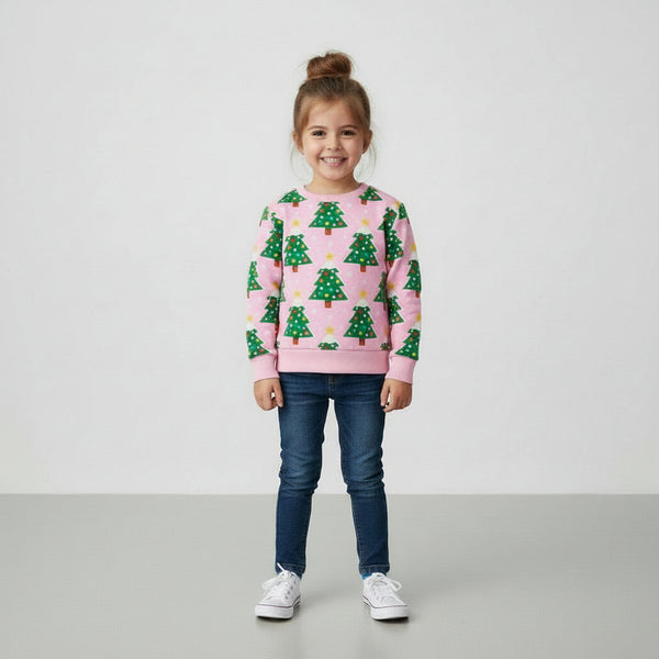 Toddler and Kids Christmas Tree Sweatshirt - Long Sleeve Cartoon Print for Girls