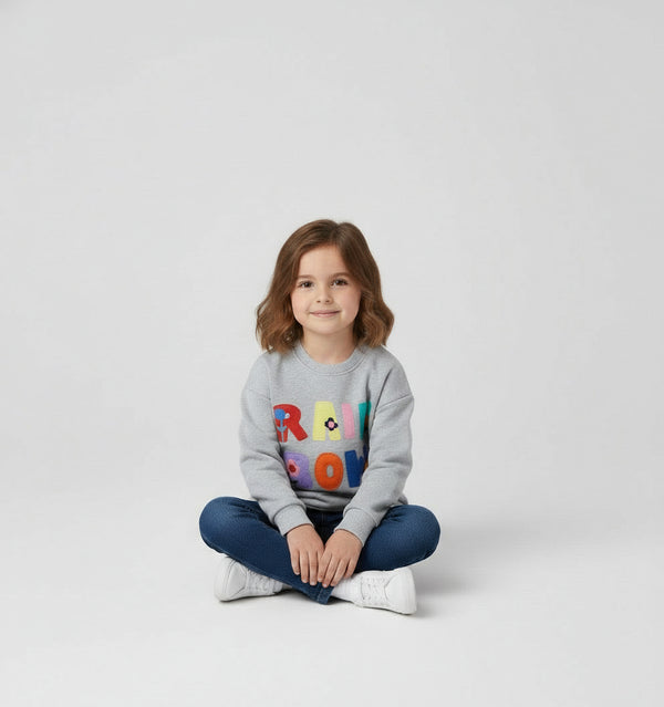Toddler and Kids Girls Grey Sweater - Cartoon Flower Letter Patch Long Sleeve Pullover