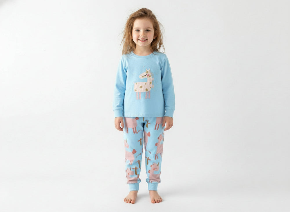 Toddler and Kids Girls Pajama Set - Baby Blue Long Sleeve Loungewear
