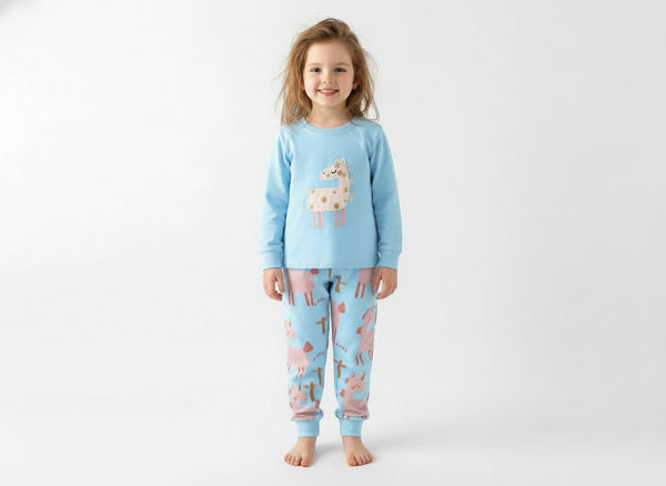 Toddler and Kids Girls Pajama Set - Baby Blue Long Sleeve Loungewear