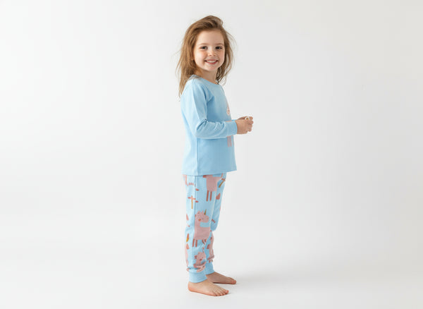 Toddler and Kids Girls Pajama Set - Baby Blue Long Sleeve Loungewear