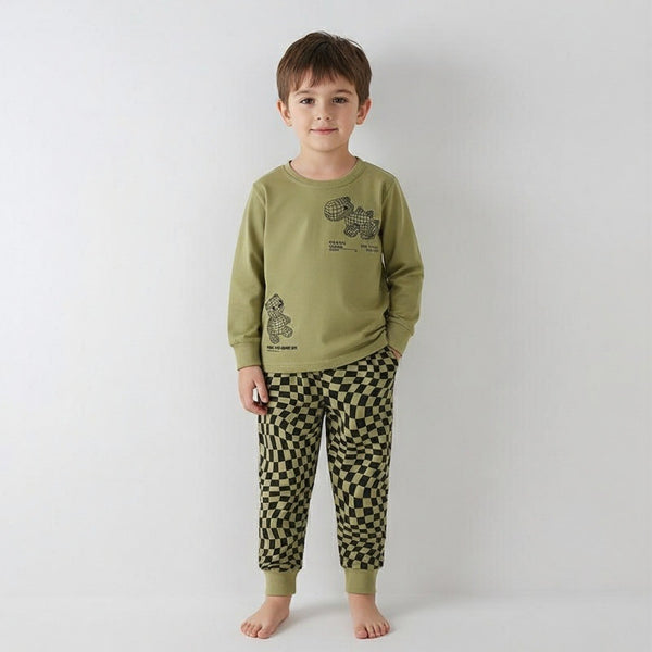 Toddler & Kids Olive Green Geometric Dinosaur Pajama Set