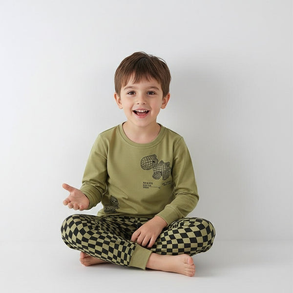 Toddler & Kids Olive Green Geometric Dinosaur Pajama Set