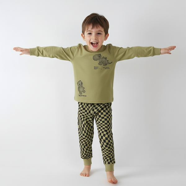 Toddler & Kids Olive Green Geometric Dinosaur Pajama Set