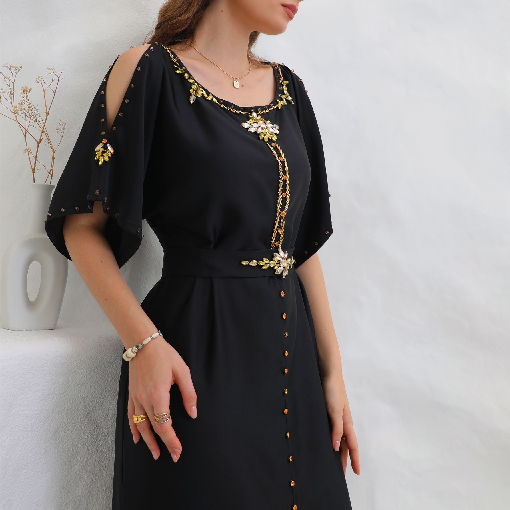 Sharq Black & Gold Embellished Maxi Dress | Luxury Evening Kaftan - Yarafly 