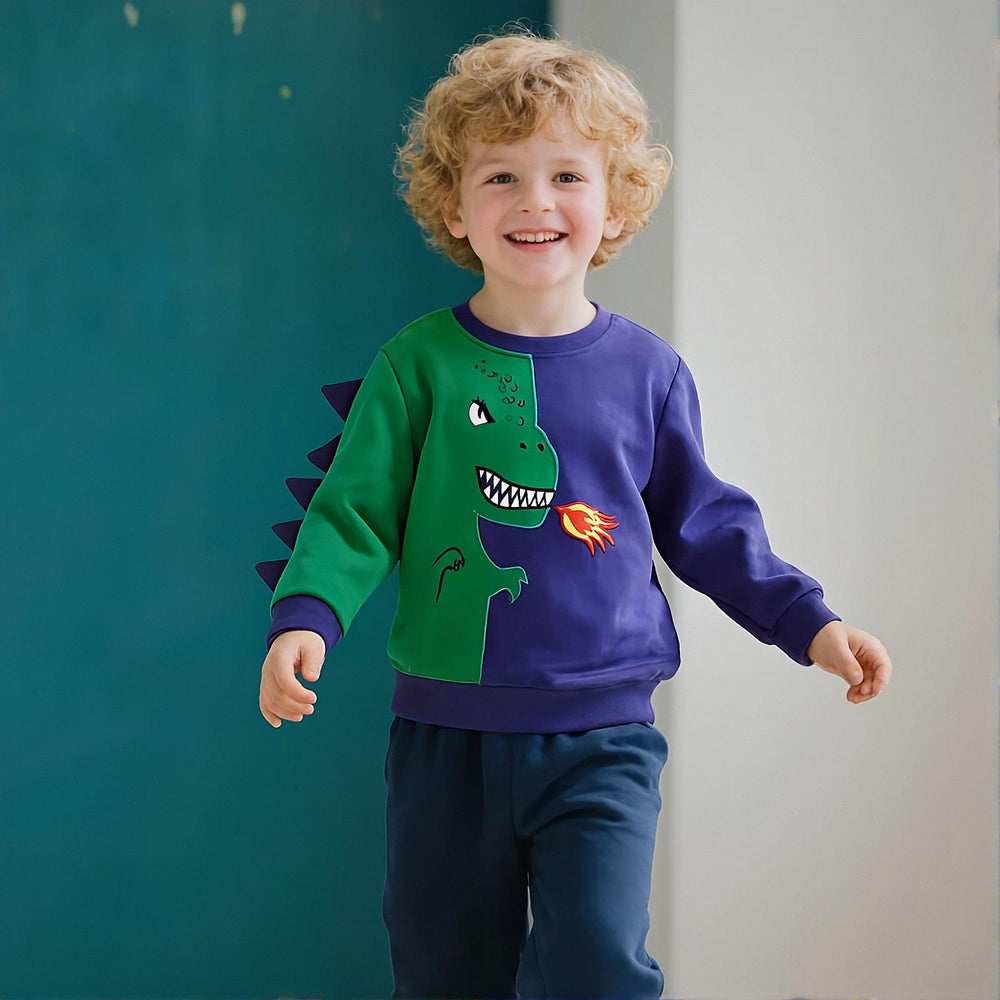 Toddler & Kids Green & Navy Fire-Breathing Dinosaur Sweatshirt (2T–7T)
