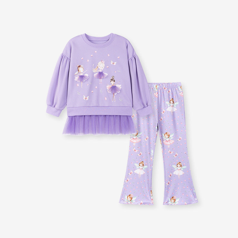Girls Autumn Long Sleeve Purple Cartoon Sweet Pajama Set - Sizes 2T to 7T