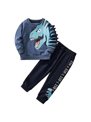 Boys Dinosaur Print Sweatshirt and Sweatpants Outfit Set - Blue Cartoon 2-Piece for Toddler and Kids