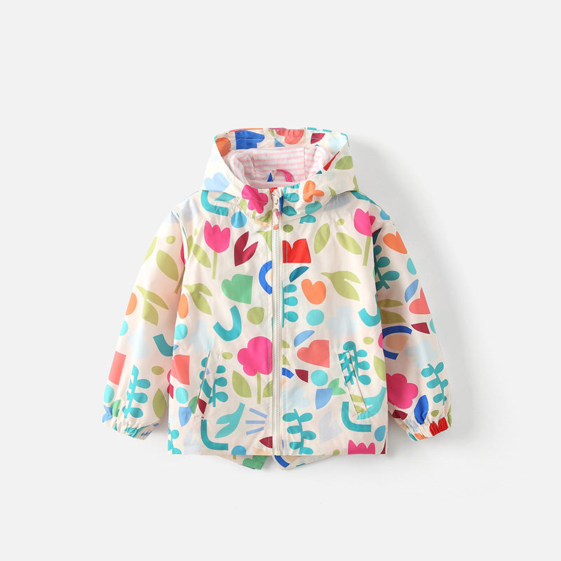 White Colorful Floral Toddler & Kids Windbreaker Jacket (2T–7T)