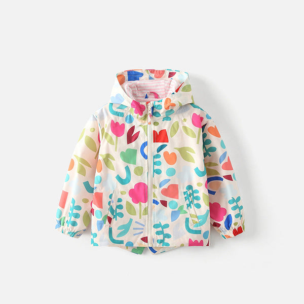 White Colorful Floral Toddler & Kids Windbreaker Jacket (2T–7T)