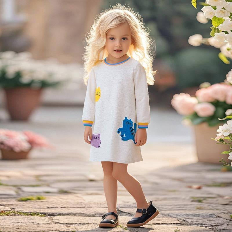 Toddler & Kids White Long Sleeve Cat Patch Dress - Yarafly