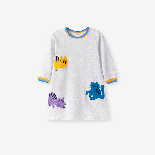 Toddler & Kids White Long Sleeve Cat Patch Dress - Yarafly