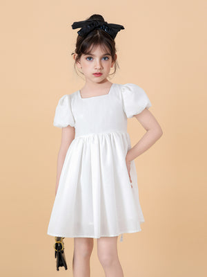 Toddler & Kids Elegant Girls White Dress with Puff Sleeves