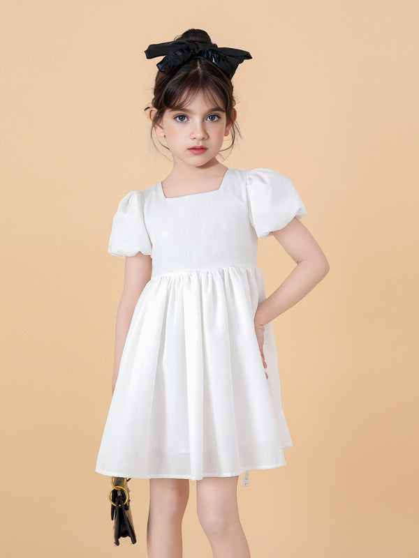 Toddler & Kids Elegant Girls White Dress with Puff Sleeves