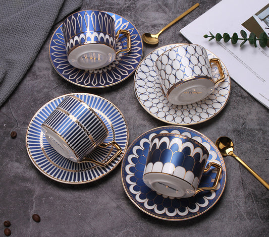 British Luxury Gold-Plated Blue Ceramic Coffee/Tea Cup & Saucer Set with Spoon - Yarafly 